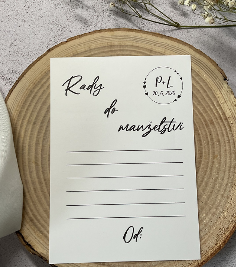 Kartičky Rady do manželství – kolečko se srdíčka a s iniciálami a datem