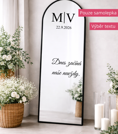 Samolepka na svatební zrcadlo s iniciálami, datem a textem O lásce