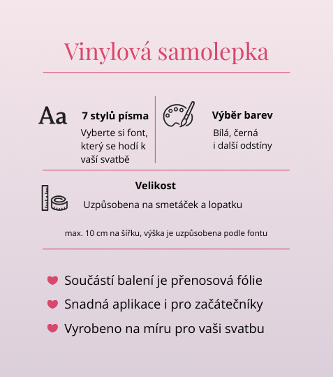 Vinylová samolepka na svatební lopatku a smetáček se jmény, příjmením a datem svatby