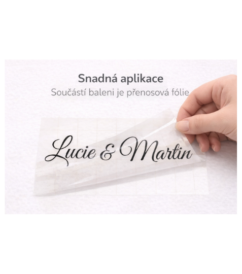 Vinylová samolepka na svatební lopatku a smetáček se jmény, příjmením a datem svatby